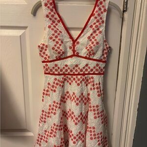 Blue Rain White Eyelet Dress with Red Floral Embroidery